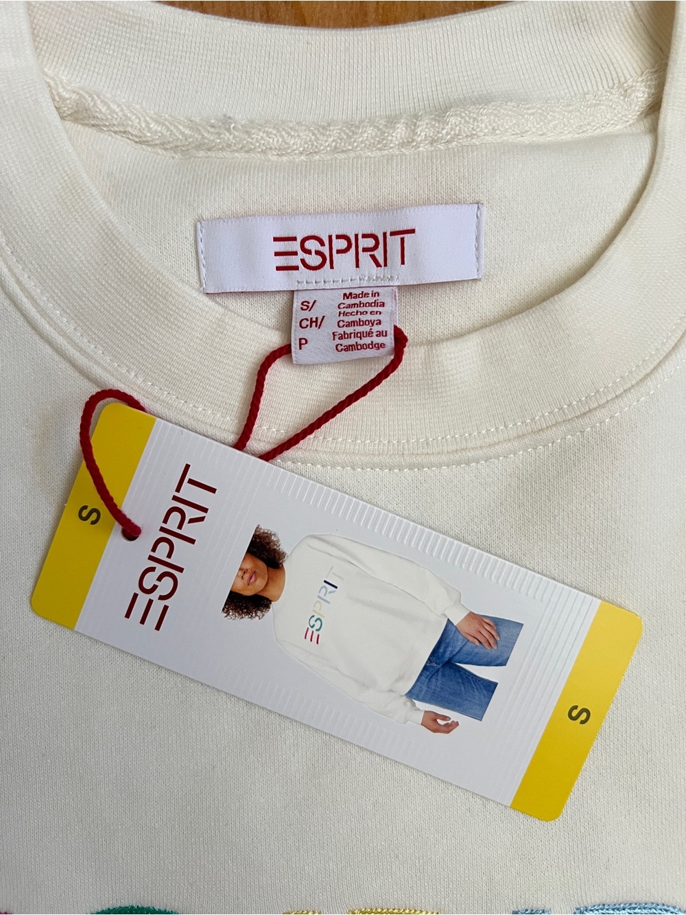 Esprit Cream Crew Neck Sweatshirt w Multicolor Embroidered Logo sz S M L XL XXL - Picture 8 of 15
